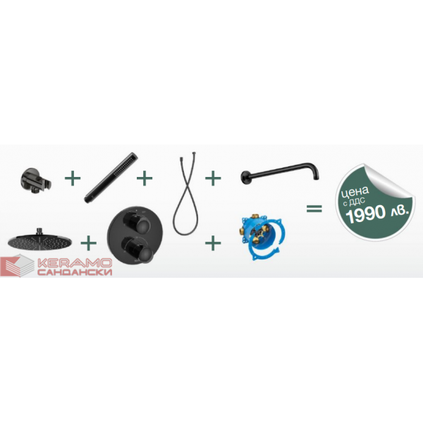 Комплект за вграждане с термостатичен смесител T-1000, с аксесоари, EVERLUX, Titanium Black